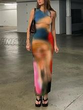 Hnewly Sleeveless Backless Maxi Dress Women Summer Bodycon Elegant Sexy Tie Dye Outfits Ladies